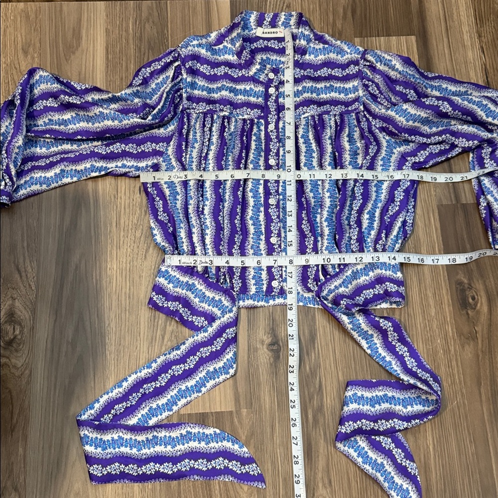 Sandro Silk Floral Stripe Purple Blue Balloon Sleeve Button Tie Cropped Blouse S - Picture 14 of 17